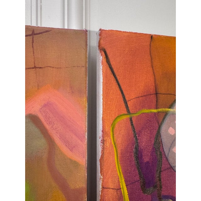 Vintage Contemporary Abstract Expressionism Diptych Original Oil Paintings, a Pair, Magenta, Orange & Plum For Sale - Image 13 of 18