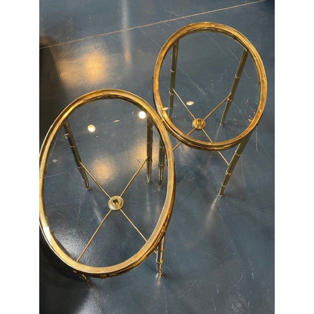 Mid-Century Modern Pair of Jansen Style Brass Bamboo Form and Glass Side Tables For Sale - Image 3 of 6