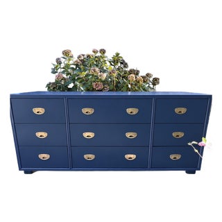 Professionally Refinished Drexel Heritage Campaign Dresser in Navy With Brass Hardware For Sale