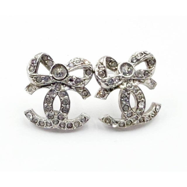 Contemporary Chanel Silver CC Ribbon Bow CC Crystal Piercing Earrings, A Pair For Sale - Image 3 of 4