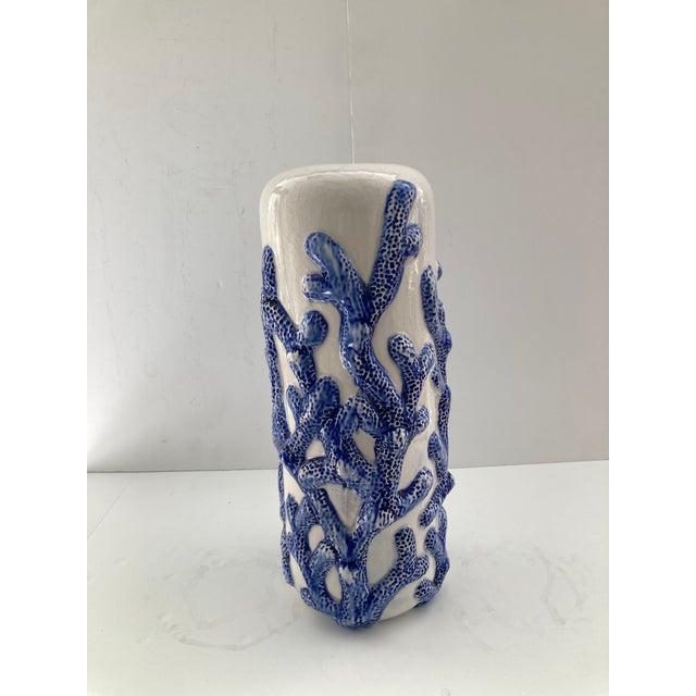 Blue Coral on White Glazed Ceramic Vase For Sale - Image 9 of 9