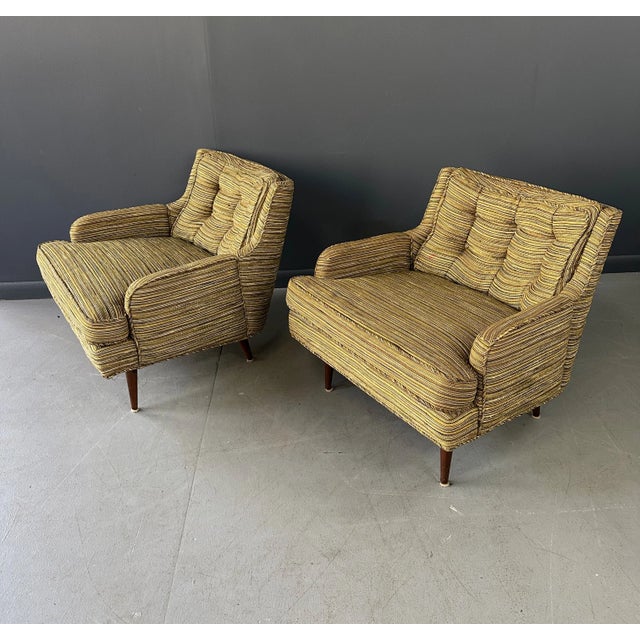 1950s Pair of Mid Century Lounge Chairs With Walnut Legs in Original Fabric For Sale - Image 4 of 8
