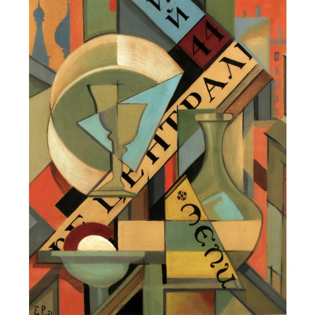 A cubist look at the metropolitan cafe "cafe central" installed in a frame under glass. Signature: ep 21. Mixed technique....