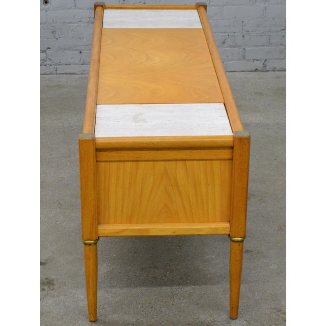 Mid-Century Modern 1960s Mid Century Modern Wood Italian Travertine Top Inserts Brass Trim Low Credenza Console Cabinet For Sale - Image 3 of 14
