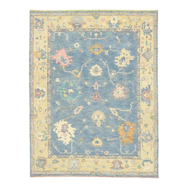 Modern Blue Oushak Rug - 09'04 x 12'01 For Sale