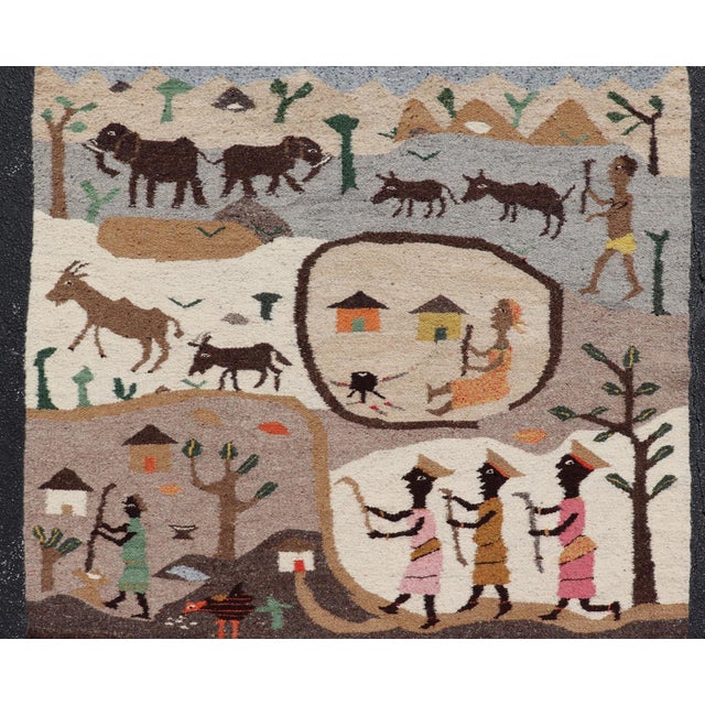 Measures: 4'6 x 5'4 Vintage African Tapestry with Tribal Village, Wildlife and Hunting Scene. Keivan Woven Arts /...