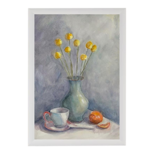 "The Sunny Craspedia" Original Impressionist Flower Still Life Watercolor on Paper Painting Art by Anna Novick, Framed