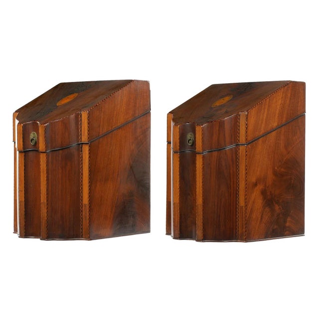Early 20th Century Pair English Georgian Style Inlaid Mahogany Knife Boxes For Sale - Image 4 of 9