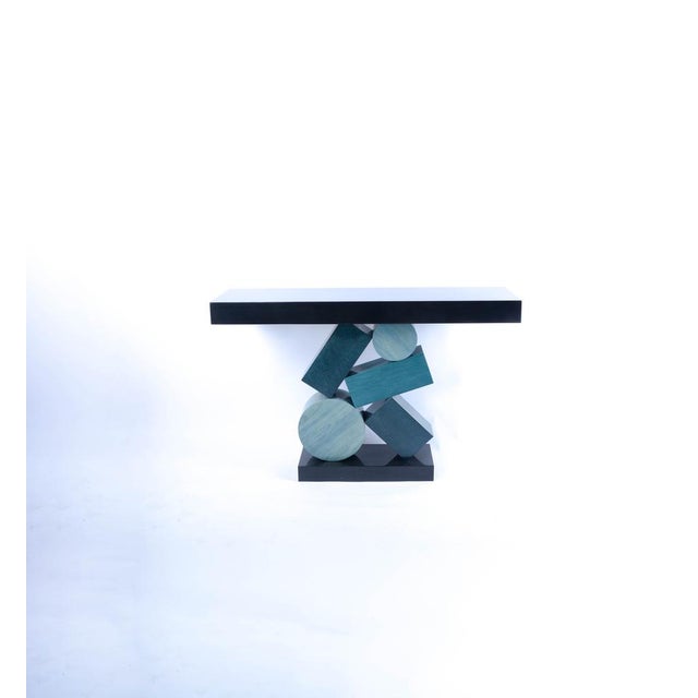 Equilibre Console in Blue and Black Tinded Marquetry by Aymeric Lefort For Sale - Image 9 of 18