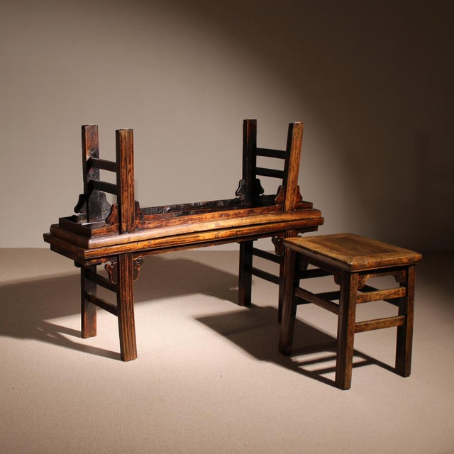 Vintage Rustic Bench with Stool and Coffee Table in Elm, 1980s, Set of 3 For Sale - Image 4 of 15