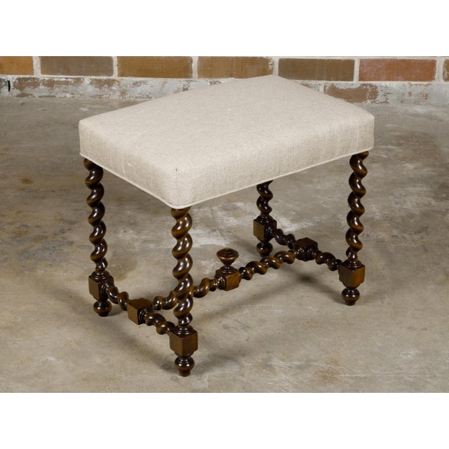 Barley Twist English 19th Oak Stool with Cross Stretcher and Custom Upholstery For Sale - Image 10 of 11