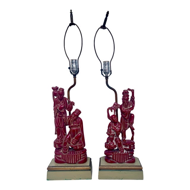Fine Antique Carved Wood Chinese Immortals Fisherman and Deity Cinnabar Style Finish Pair Lamps For Sale