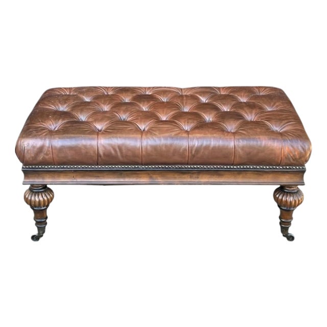 Vintage Tufted Brown Leather Ottoman Bench With Nailhead Trim & Carved Wood Legs on Casters For Sale