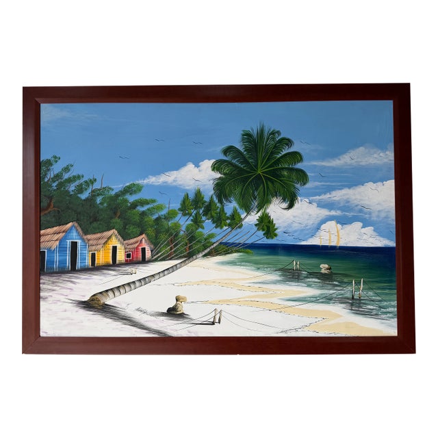 Large Vintage Haitian Coastal Tropical Impressionist Oil on Canvas Painting – Framed For Sale