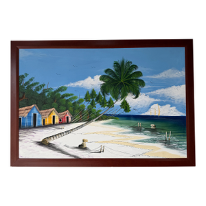 Large Vintage Haitian Coastal Tropical Impressionist Oil on Canvas Painting – Framed
