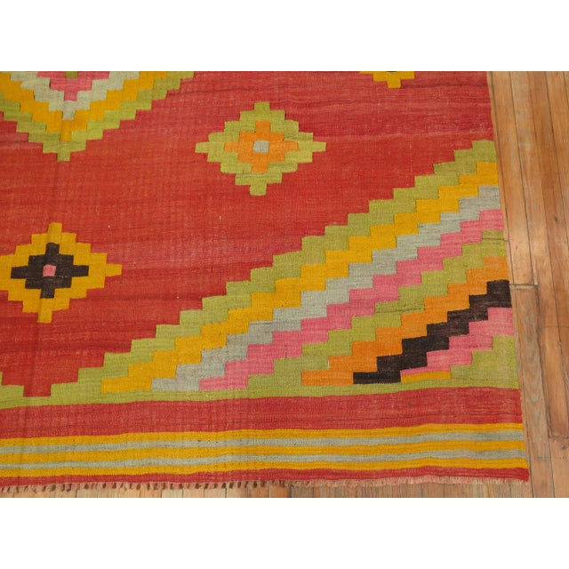 A rare size handmade Turkish Anatolian square Kilim in happy bright colors. A bohemian Delight. Professionally Cleaned,...
