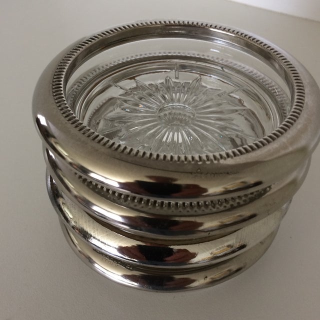 Vintage Italian Crystal Silver Plated Rim Coasters by Leonard - Set of