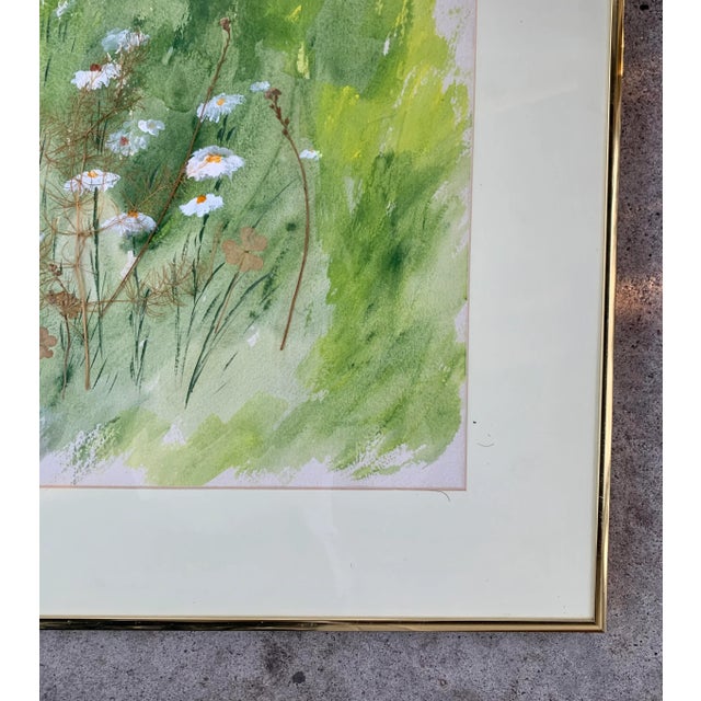 1981 J. Cupp Wildflower Watercolor Collage With Pressed Flowers- in Brass Frame For Sale - Image 4 of 11