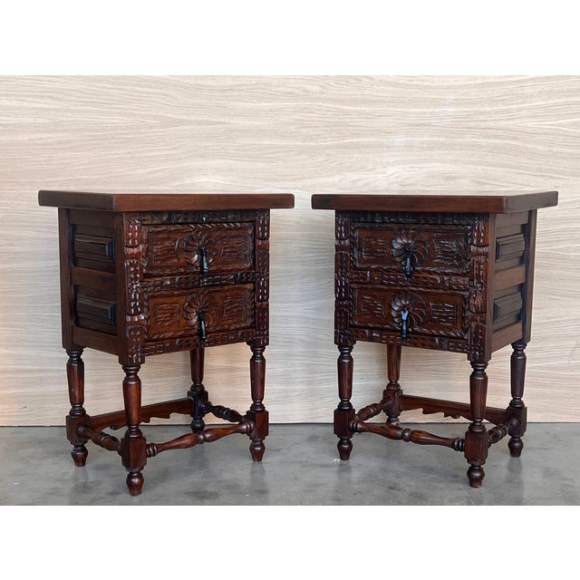 1900 - 1909 20th Century Pair of Spanish Nightstands With Two Drawers and Iron Hardware For Sale - Image 5 of 11