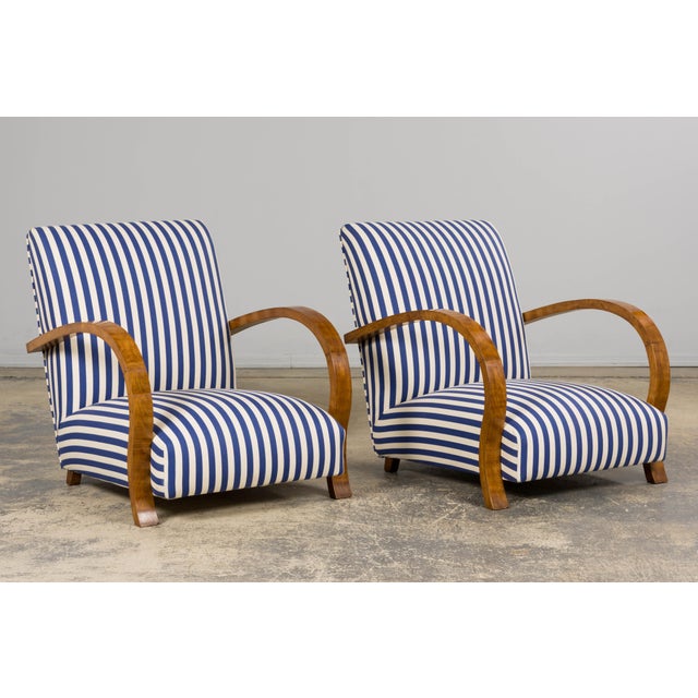 Blue 1930s French Art Deco Walnut Bridge Arm Lounge Chairs in Blue Stripe - A Pair For Sale - Image 8 of 18