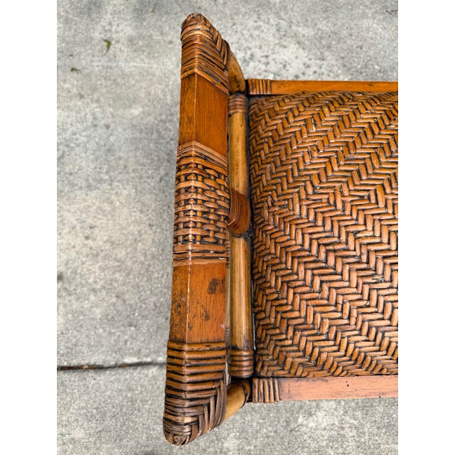 Wood Vintage Palm Beach Woven Rattan & Bamboo Ottoman Foot Stool For Sale - Image 7 of 10
