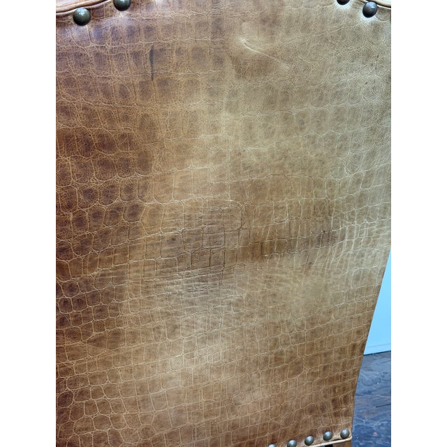 Embossed Cognac Leather Wing Back Chair by Davis and Shaw For Sale - Image 14 of 17