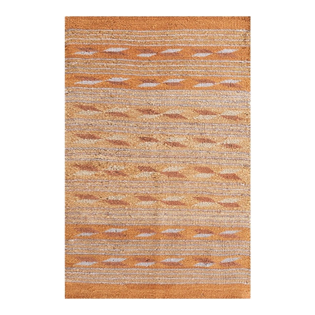 1940s Tan Camel Stripe Modern Antique American Navajo Chinle Wide Ruins Rug 2' X 3' Flat Weave Wool Carpet For Sale