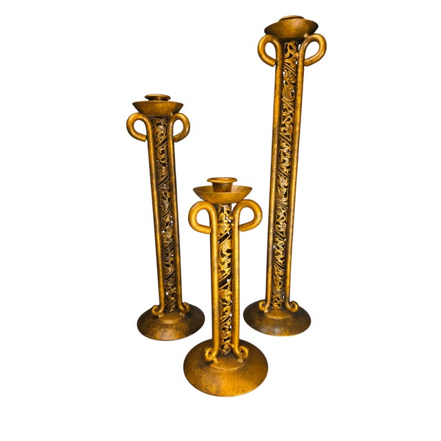 Hollywood Regency Vintage Pierced Brass Graduated Taper Candlesticks, Set of 3 For Sale - Image 3 of 3