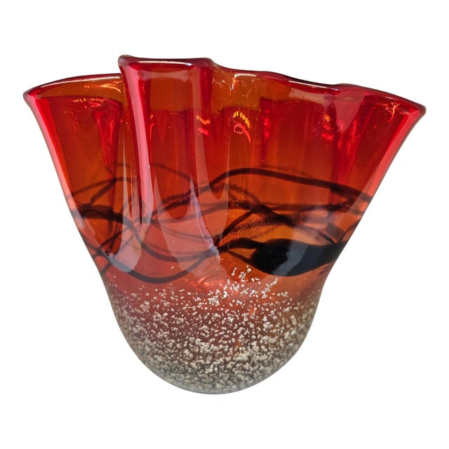 Vintage Cys Excel Art Glass Handkerchief Vase Modern Amberina Silver Flecks Black Free-Form Lines For Sale