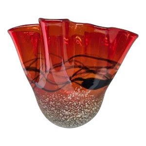 Vintage Cys Excel Art Glass Handkerchief Vase Modern Amberina Silver Flecks Black Free-Form Lines