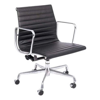 Eames Herman Miller Black Leather Office Chair Thin Pad Aluminum Group For Sale