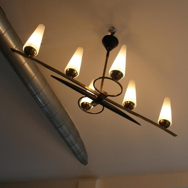 Black Art Deco Opaline and Brass Chandelier, 1950s For Sale - Image 8 of 18