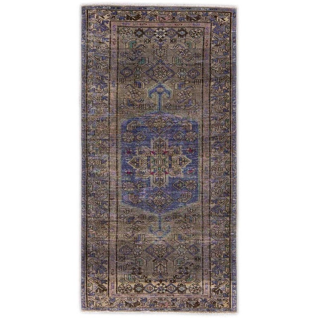 Textile Vintage Distressed Brown Geometric Wool Rug For Sale - Image 7 of 7