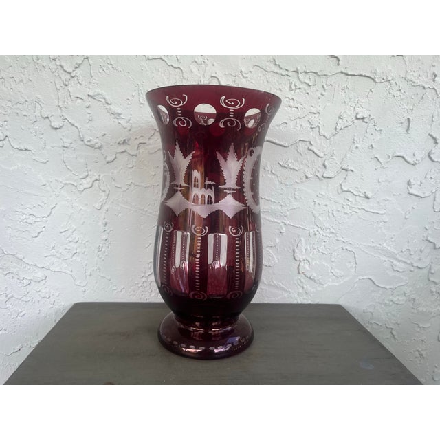 Glass Egermann Bohemian Ruby Cut-to-Clear Engraved Vase – 12.25” For Sale - Image 7 of 12