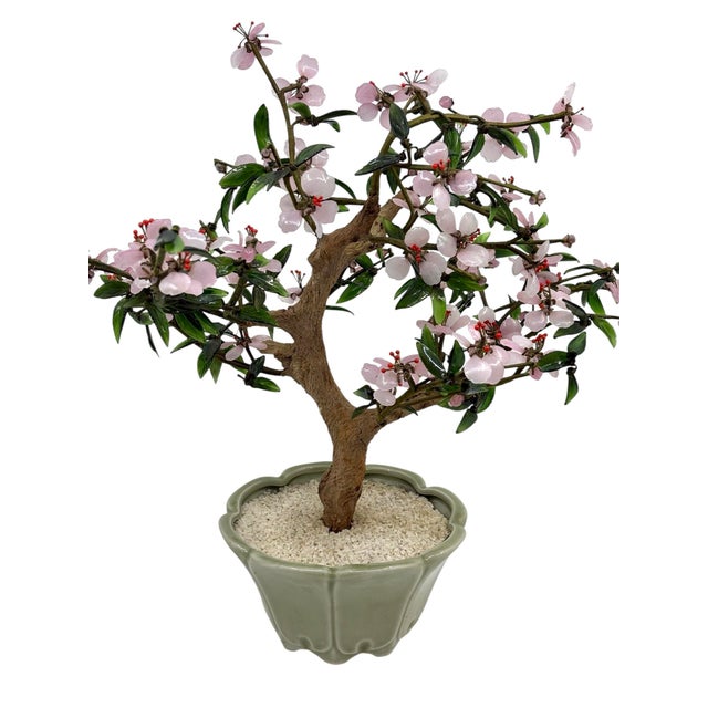 Stunning pink glass cherry blossom bonsai tree. The tree is handmade with pink and green glass. Very realistic tree trunk...