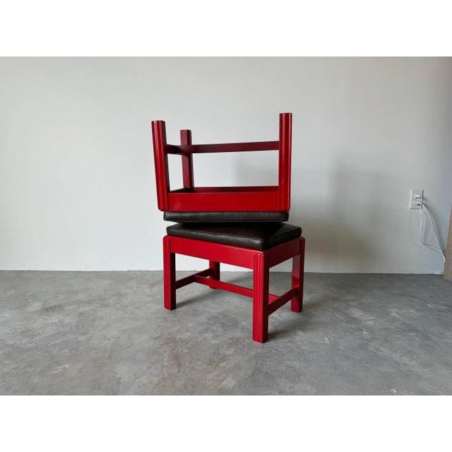 Red 1970's Mid-Century Red Lacquered Mahogany Wood With Brown Leather Seats Ottomans - a Pair For Sale - Image 8 of 12