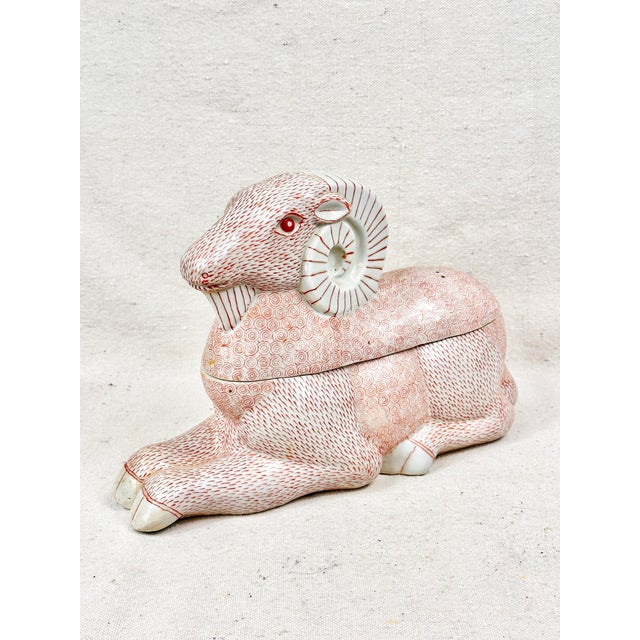 Add a touch of whimsical Chinoiserie charm to your mantel, bookshelf, or vanity with this vintage lidded ceramic ram...
