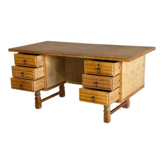 In Style of Henning Kjærnulf Oak Executive Desk With 6 Drawers Open Bookshelf Denmark Mid-Century Modern 1960s For Sale