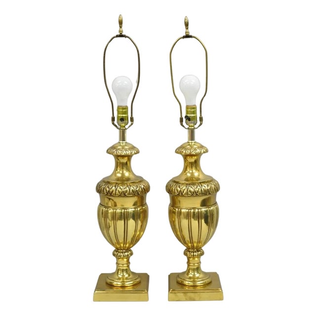 Vintage French Empire Style Gold Brass Metal Urn Form Table Lamps - A Pair For Sale