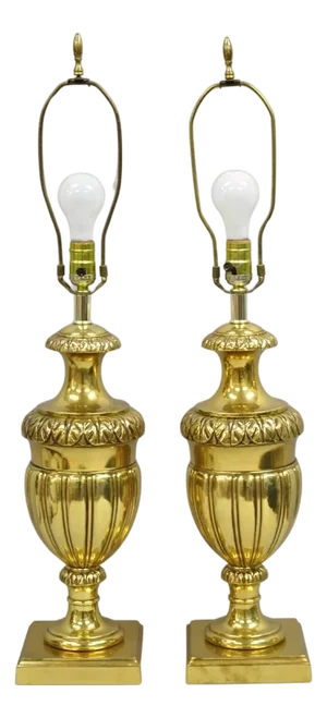 Vintage French Empire Style Gold Brass Metal Urn Form Table Lamps - A Pair
