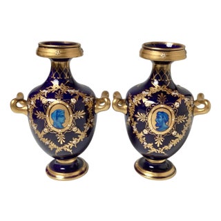 A Diminutive Pair of Cobalt and Gilt Porcelain Neoclassical Cabinet Vases For Sale