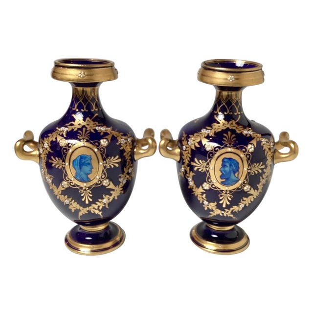 A Diminutive Pair of Cobalt and Gilt Porcelain Neoclassical Cabinet Vases For Sale
