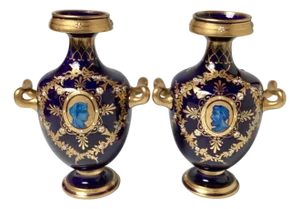A Diminutive Pair of Cobalt and Gilt Porcelain Neoclassical Cabinet Vases