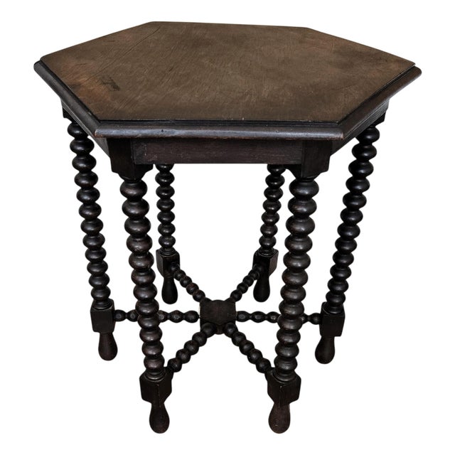 Antique Italian Hexagonal Black Walnut Side Table with Bobbin Turned Legs, 1890s For Sale