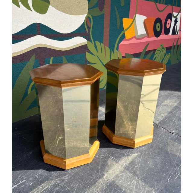 Classy pair of postmod pedestals in oak and gold paneling. Great to flank in a room, hold plants, statues, etc.