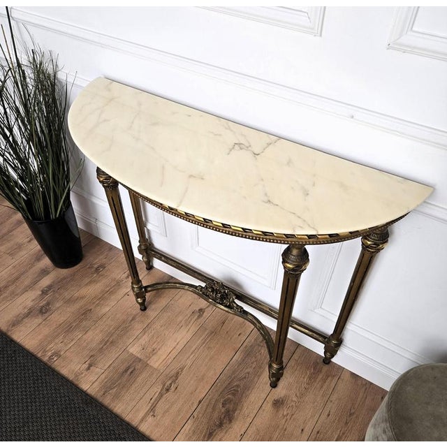 Wood Mid-Century Italian Demi Lune Wall Console Table in Gilt Wood with Marble Top, 1950s For Sale - Image 7 of 10