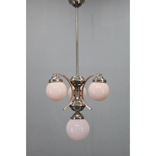 Czech Art Deco Nickel Chandelier with Rose Opaline Glass Globes, 1930s For Sale - Image 3 of 15