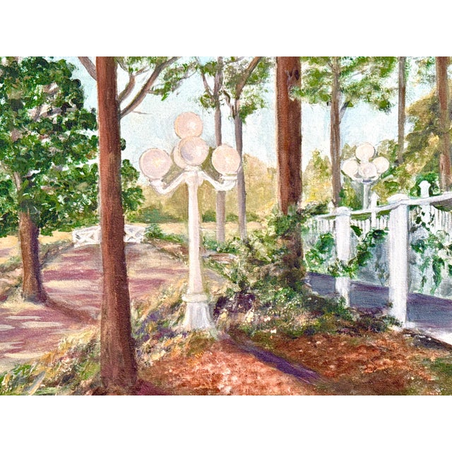 A serene vintage garden landscape by artist Helen Overfield, this 16x20 acrylic painting captures a quiet walkway lined...