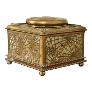 Tiffany Studios New York Pine Needle Bronze Doré and Favrile Slag Glass Inkwell For Sale