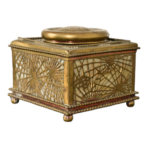 Tiffany Studios New York Pine Needle Bronze Doré and Favrile Slag Glass Inkwell